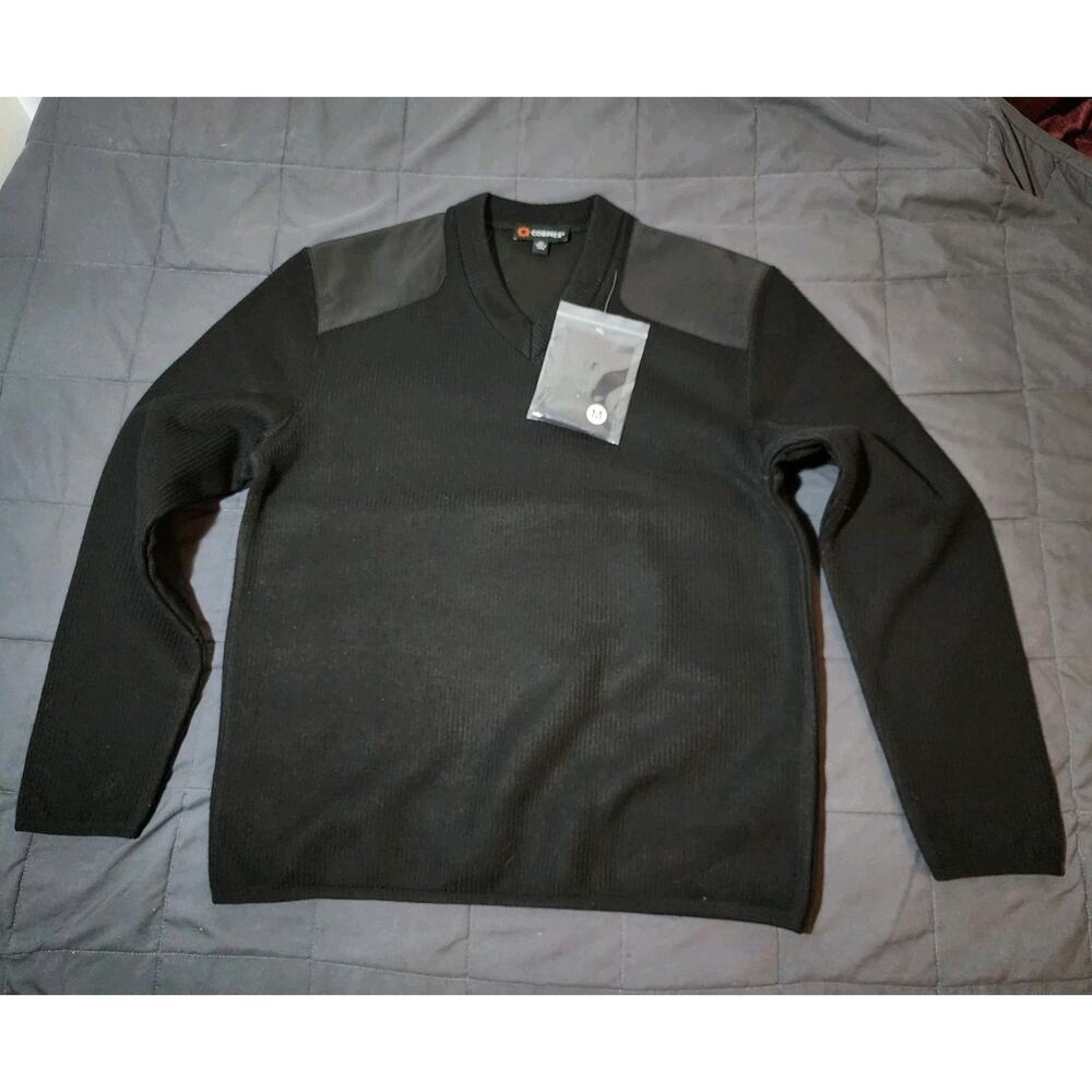 Cobmex Mens Black V Neck Knit Sweater Elbow Patches Professional Wear Med 21x26